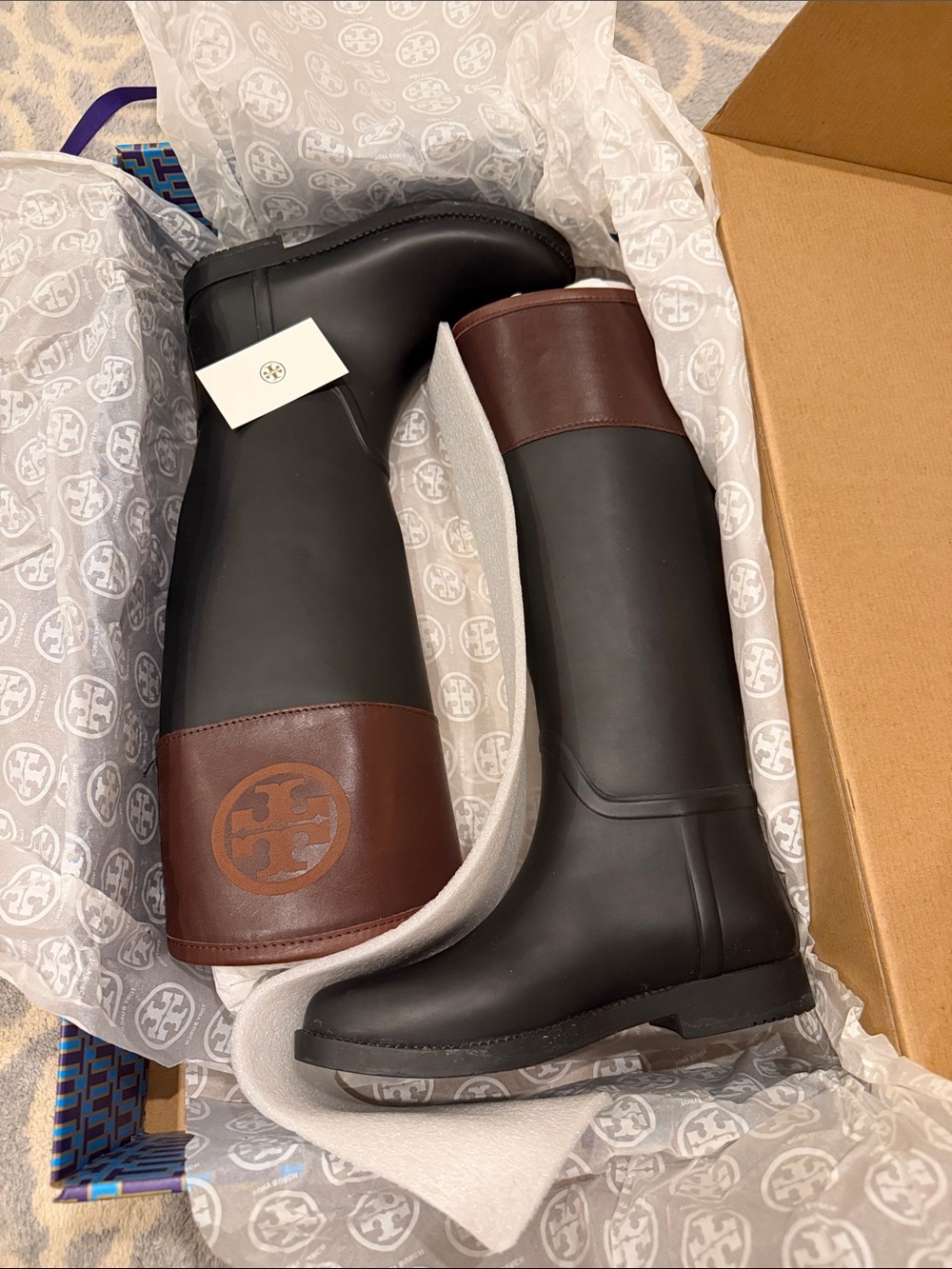 Tory Burch Black Rubber & Brown Leather Logo Rain Boots - Picture 4 of 5